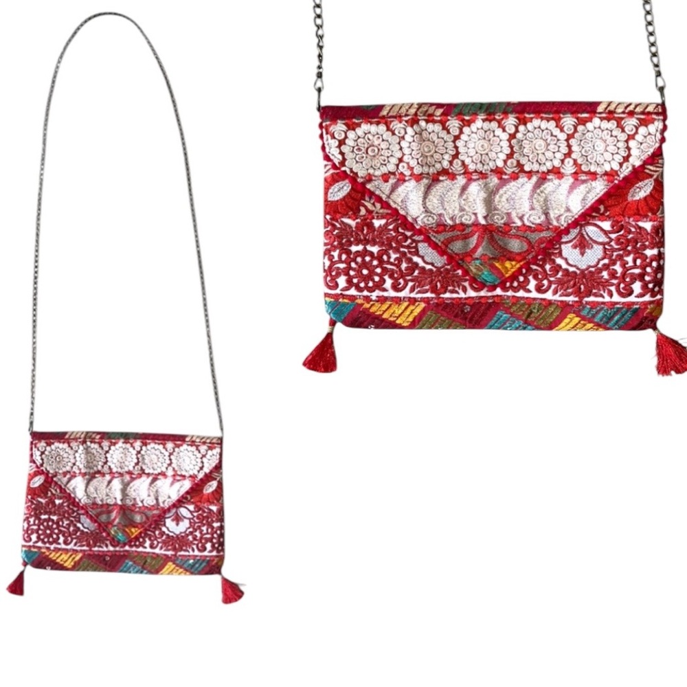 World Finds Handmade Red Embroidered Tassel Chain Strap Crossbody Bag